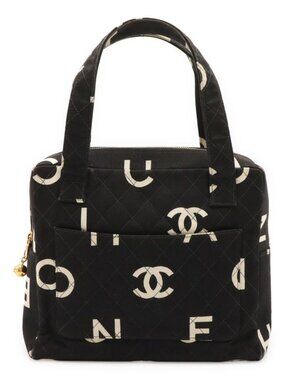 Chanel Logo Print Tote Canvas Black Ivory White
